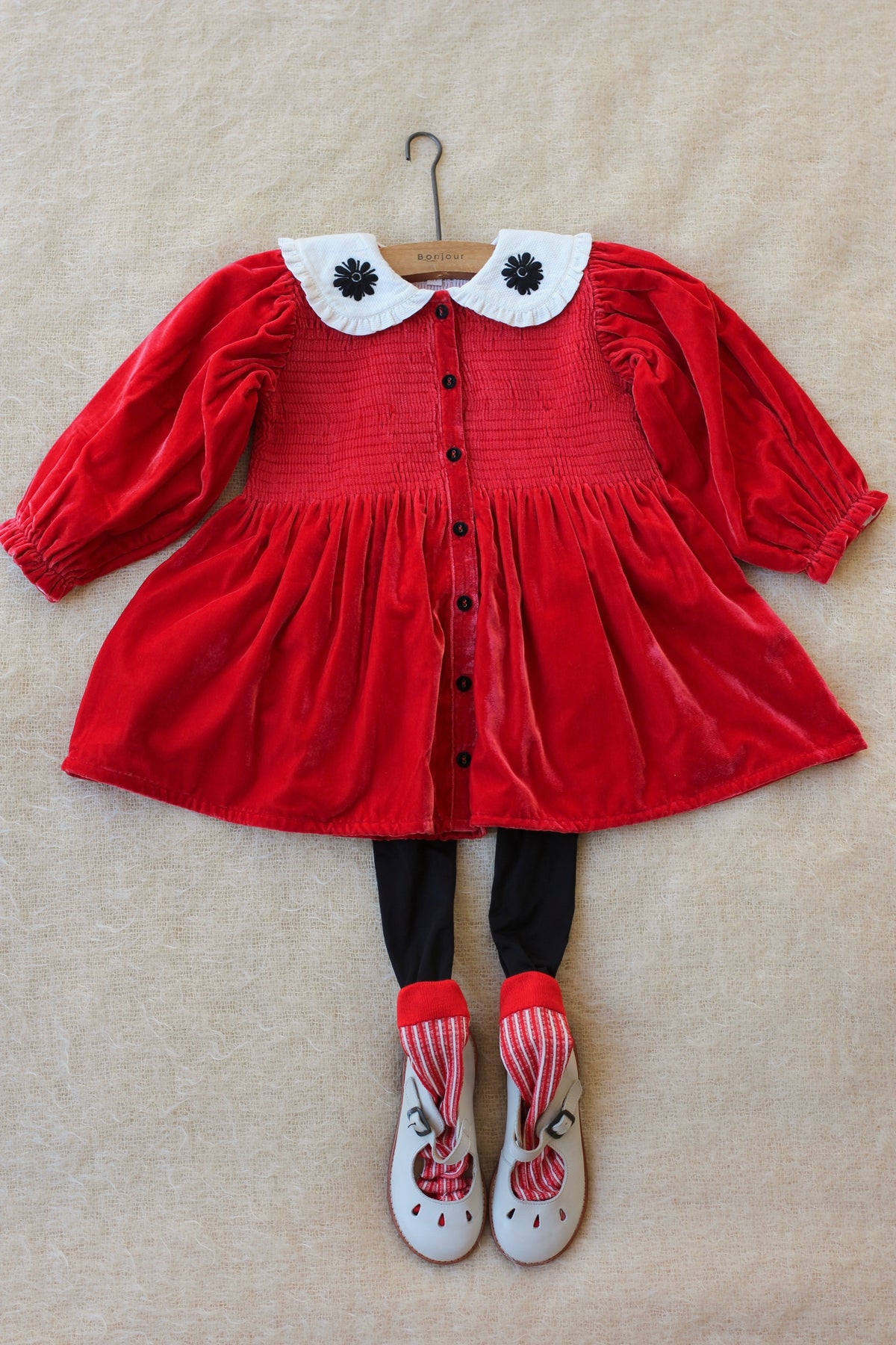 TUNIQUE Red velvet | Ecru pique fabric collar