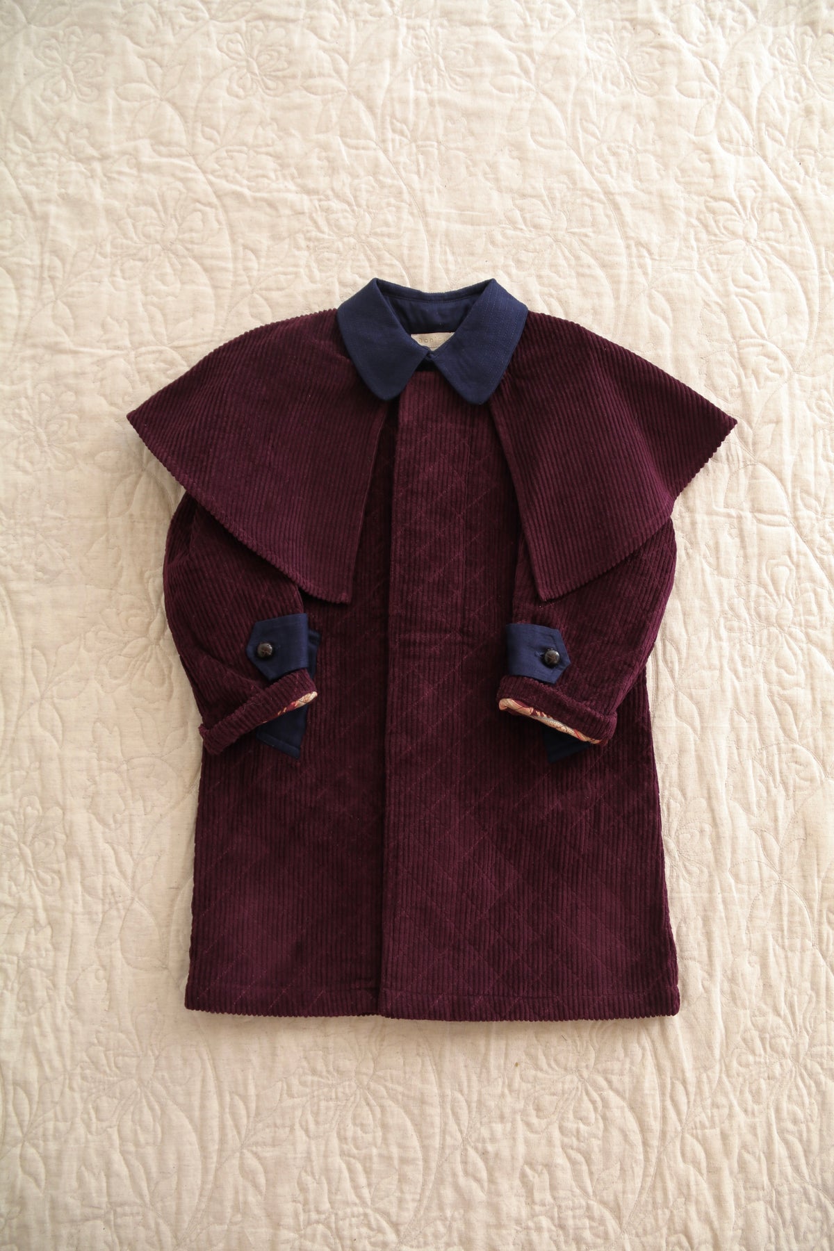Trench coat Burgundy corduroy / navy denim collar