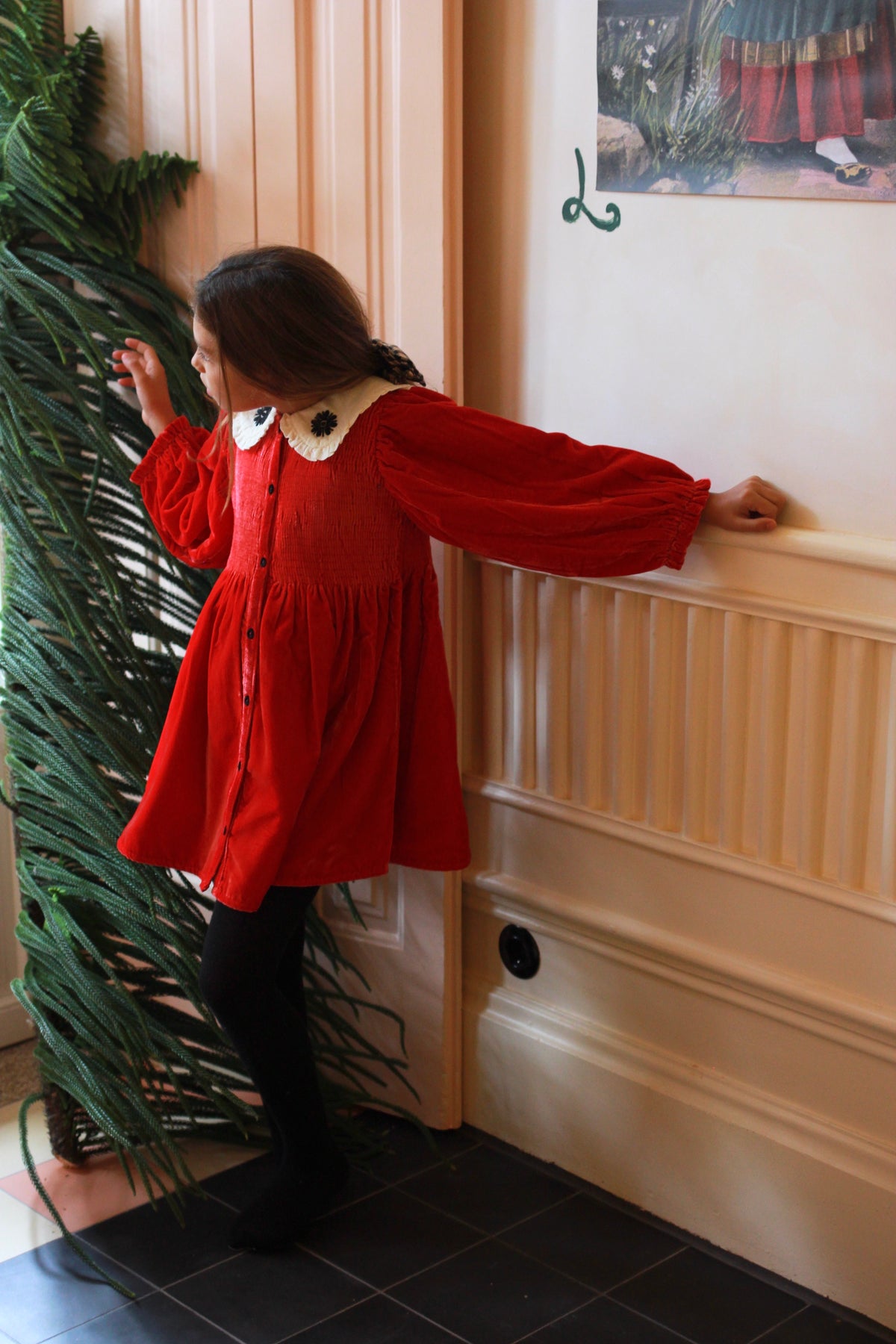 TUNIQUE Red velvet | Ecru pique fabric collar