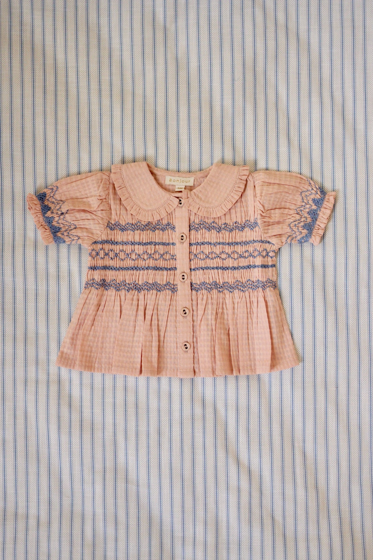 HANDSMOCK BLOUSE Light pink organic check voile