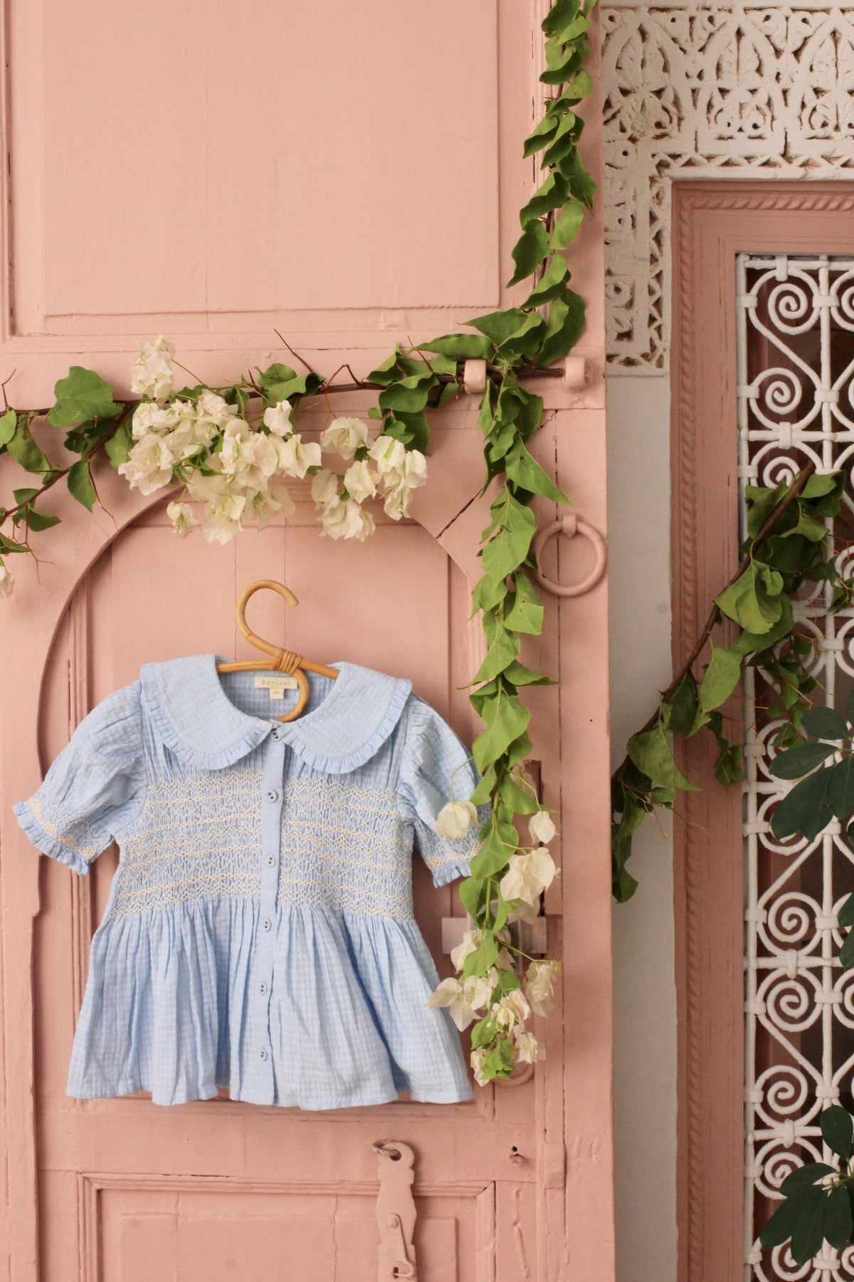 HANDSMOCK BLOUSE Light blue organic check voile