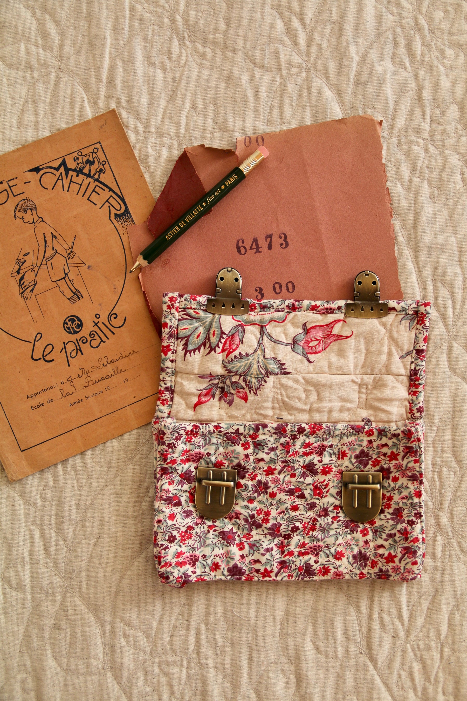 Quilted school pencil case Flowers field print