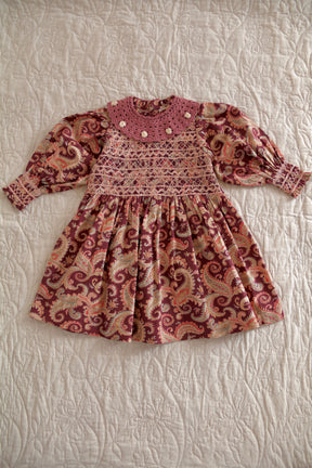 Handsmock dress with collar Burgundy cashmere print