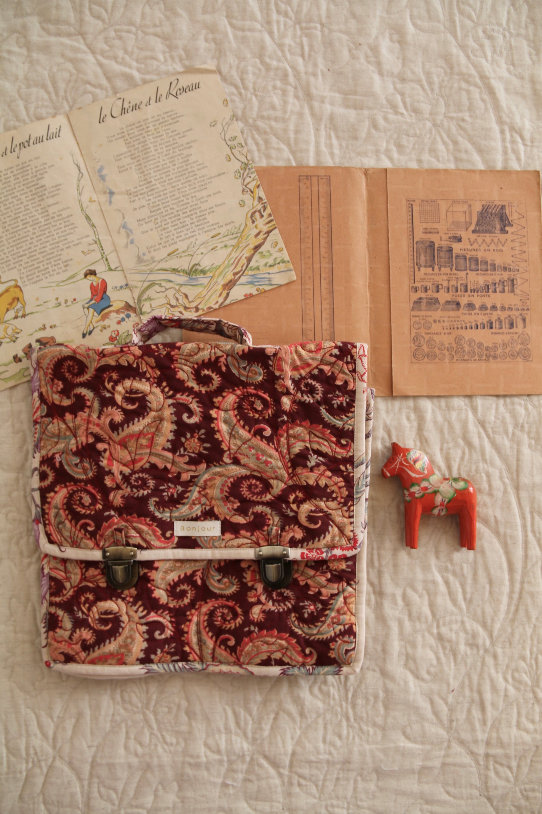 School bag Burgundy cashmere print - organic slub
