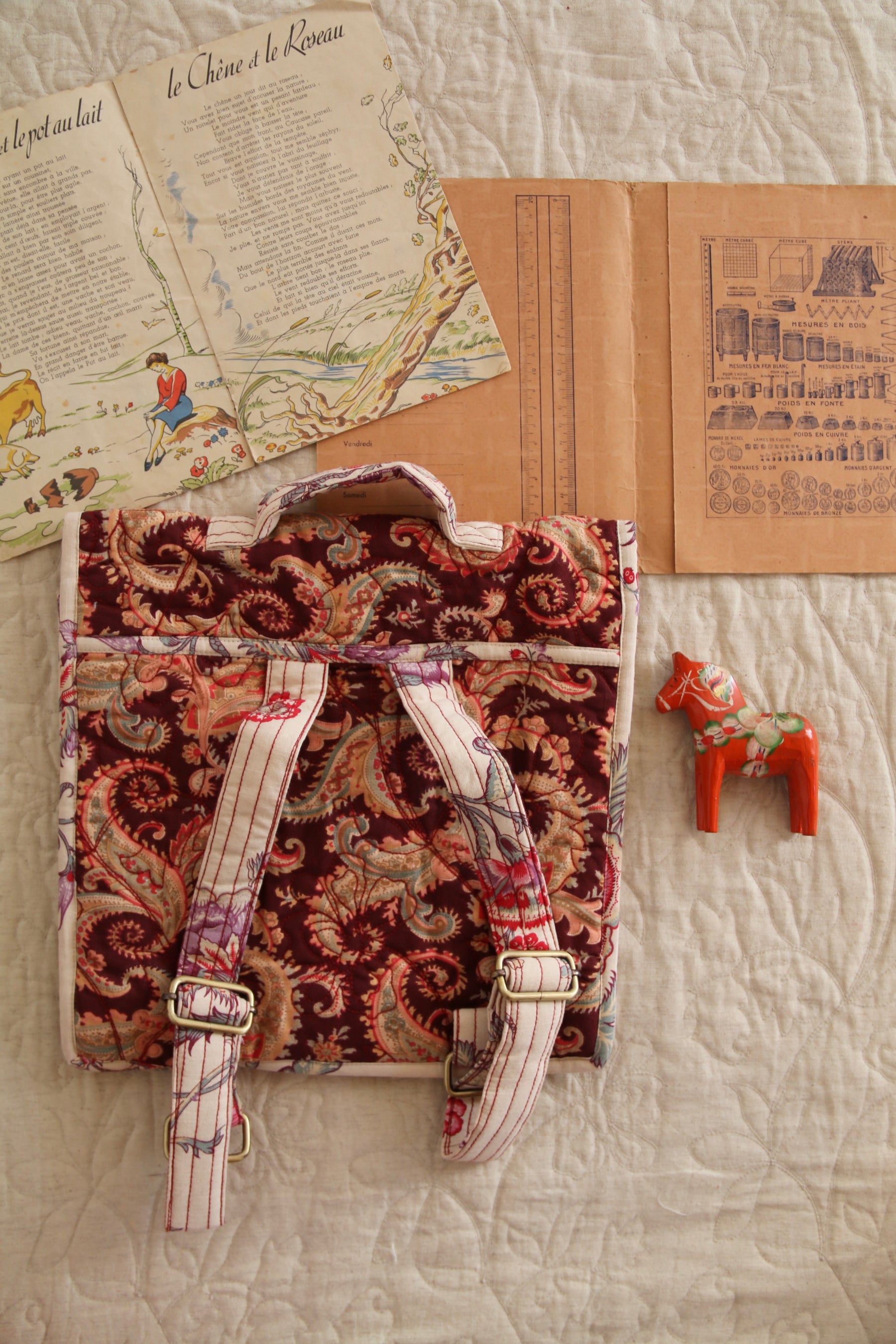 School bag Burgundy cashmere print - organic slub