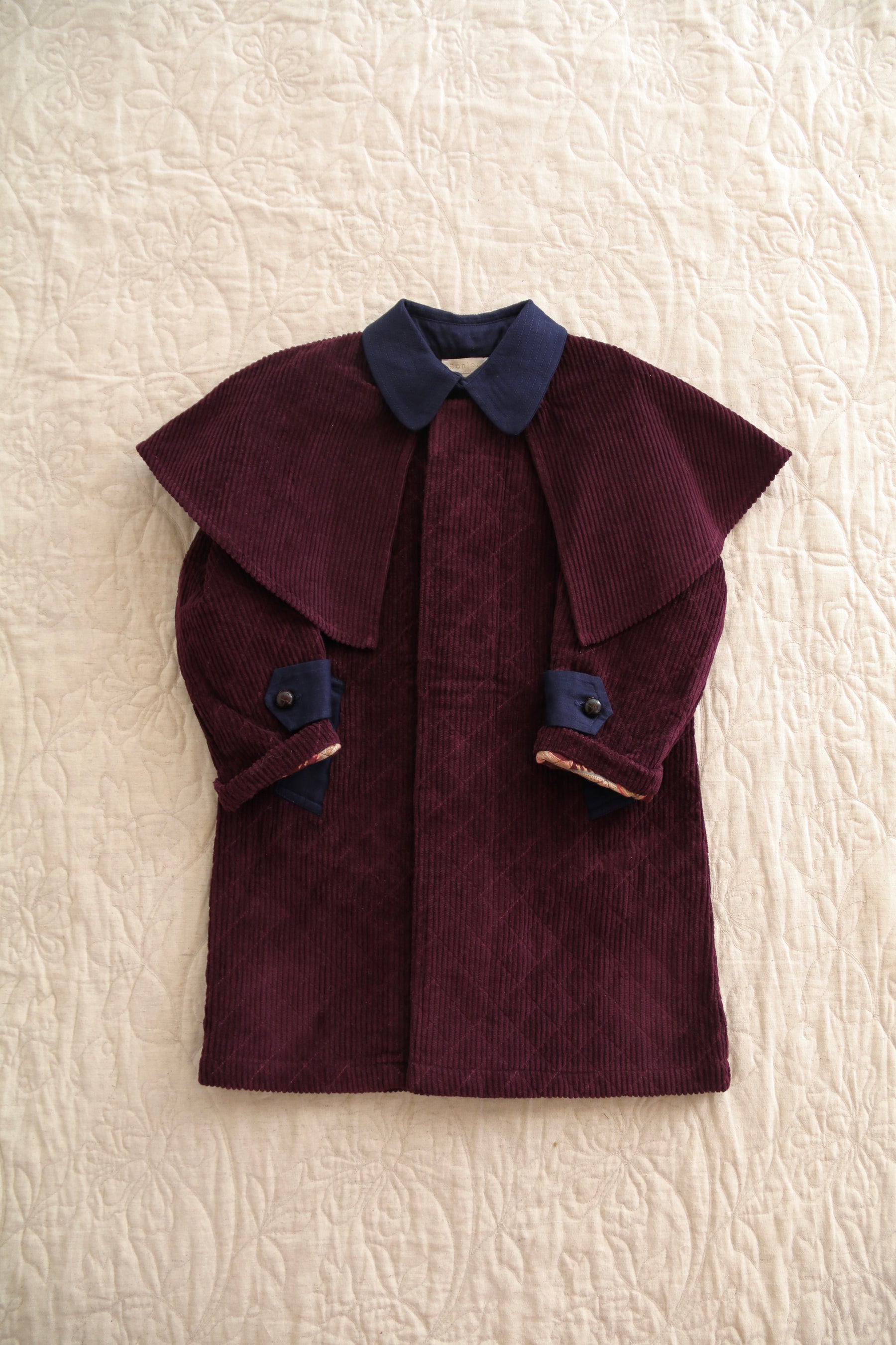 Trench coat Burgundy corduroy / navy denim collar