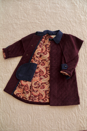 Trench coat Burgundy corduroy / navy denim collar