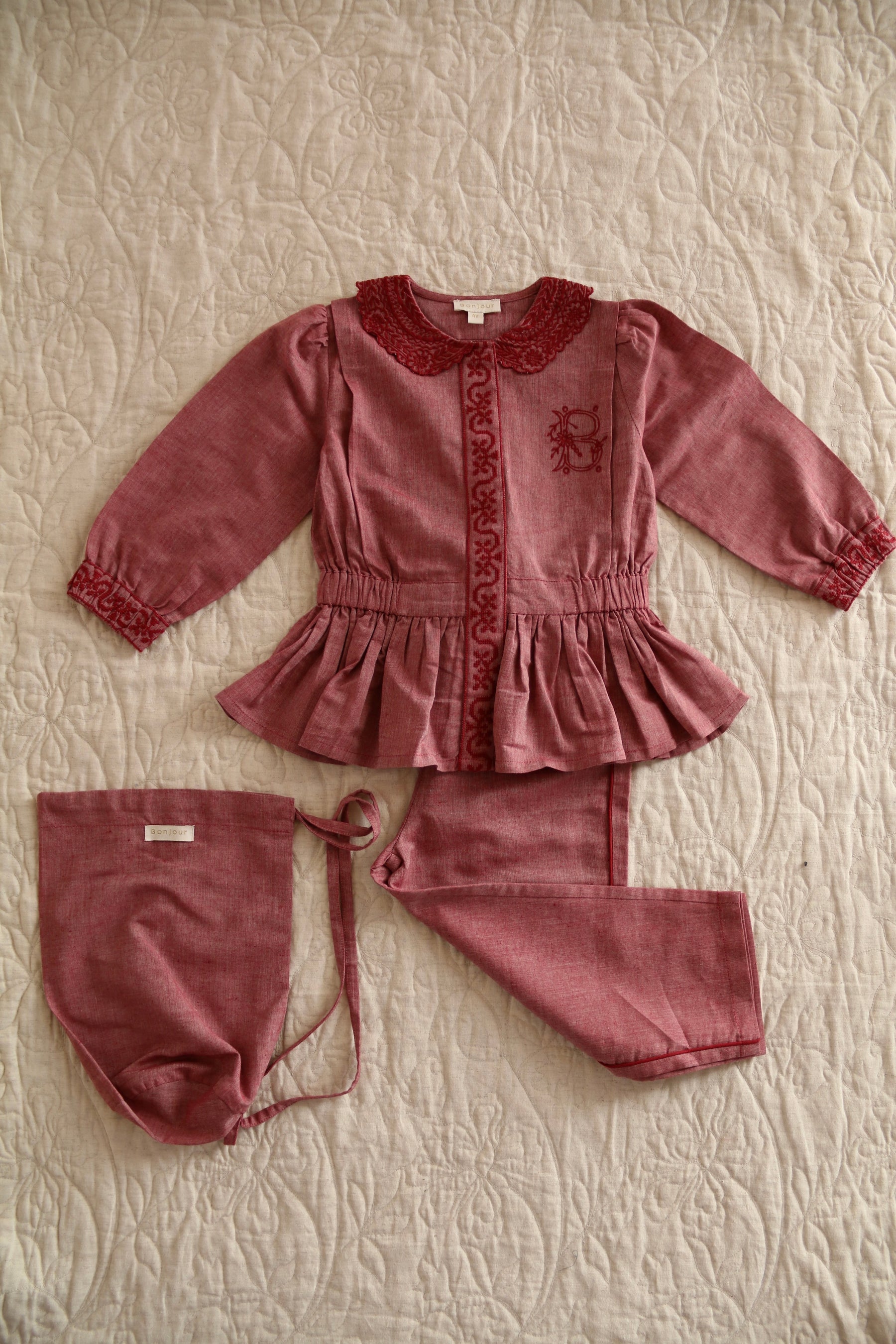 Pyjama set with pouch Red chambray