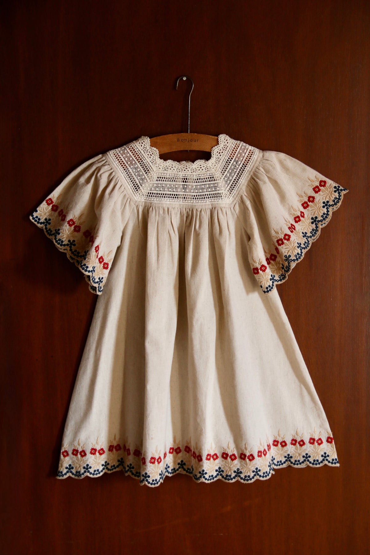 Dress Naural cotton flex with multi color eyelette emb.