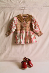 Handsmock blouse with crochet collar tapestry pink stripe print