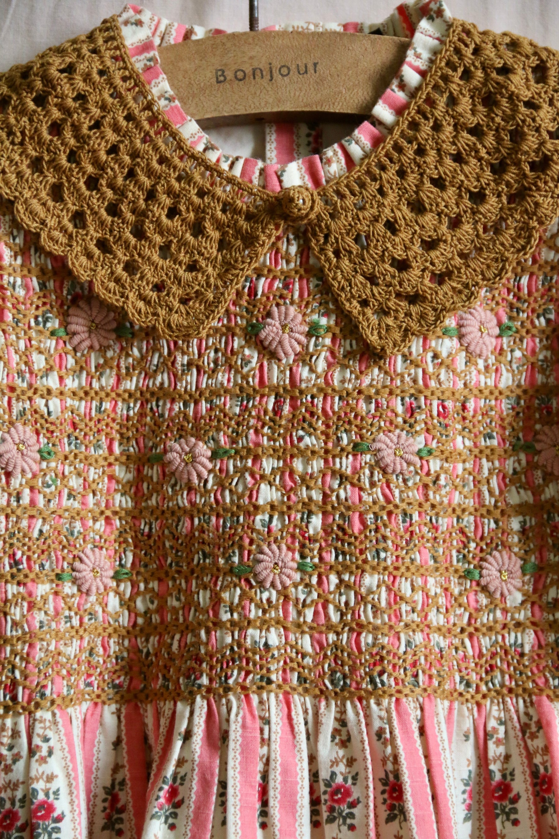 Handsmock blouse with crochet collar tapestry pink stripe print
