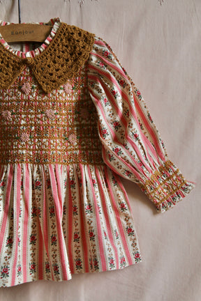 Handsmock blouse with crochet collar tapestry pink stripe print