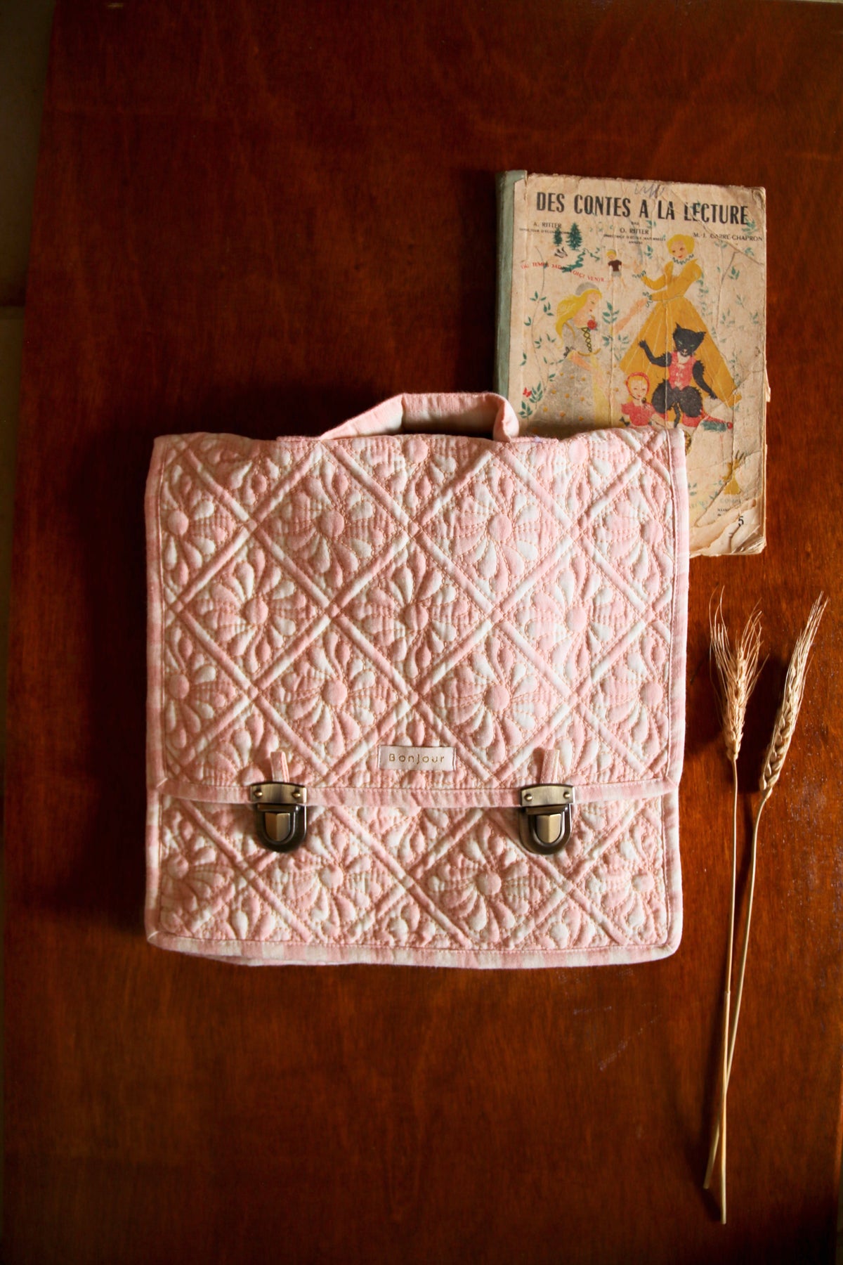 Quilted school bag Pink vichy front & piping