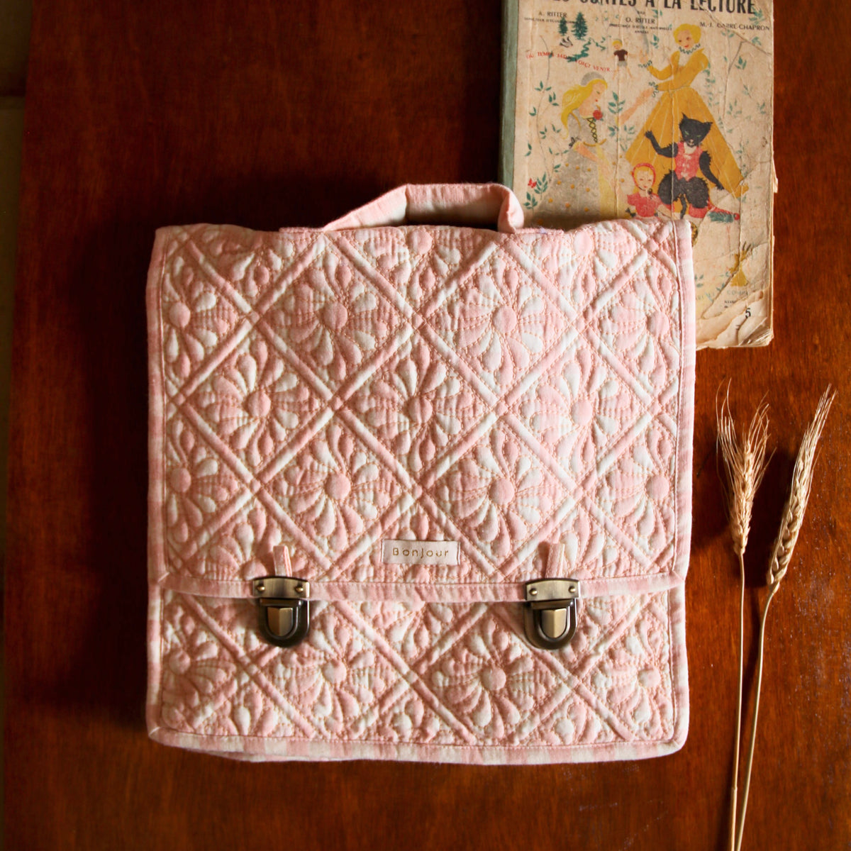 【Bonjour diary】Quilted school bag Quilted school bag Pink vichy front & piping