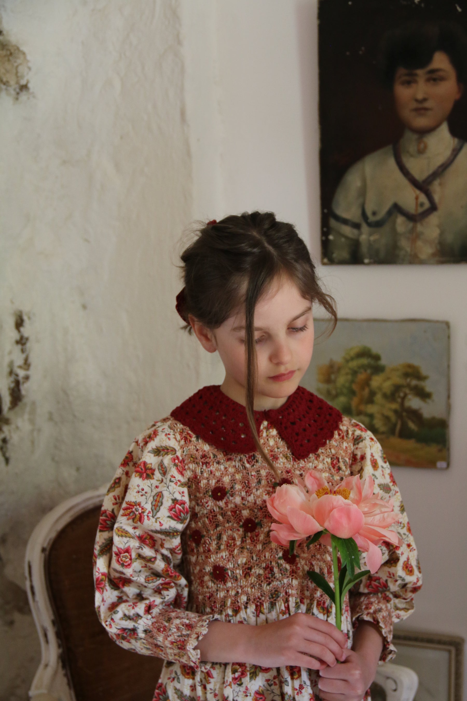 Handsmock blouse with crochet collar Aline print