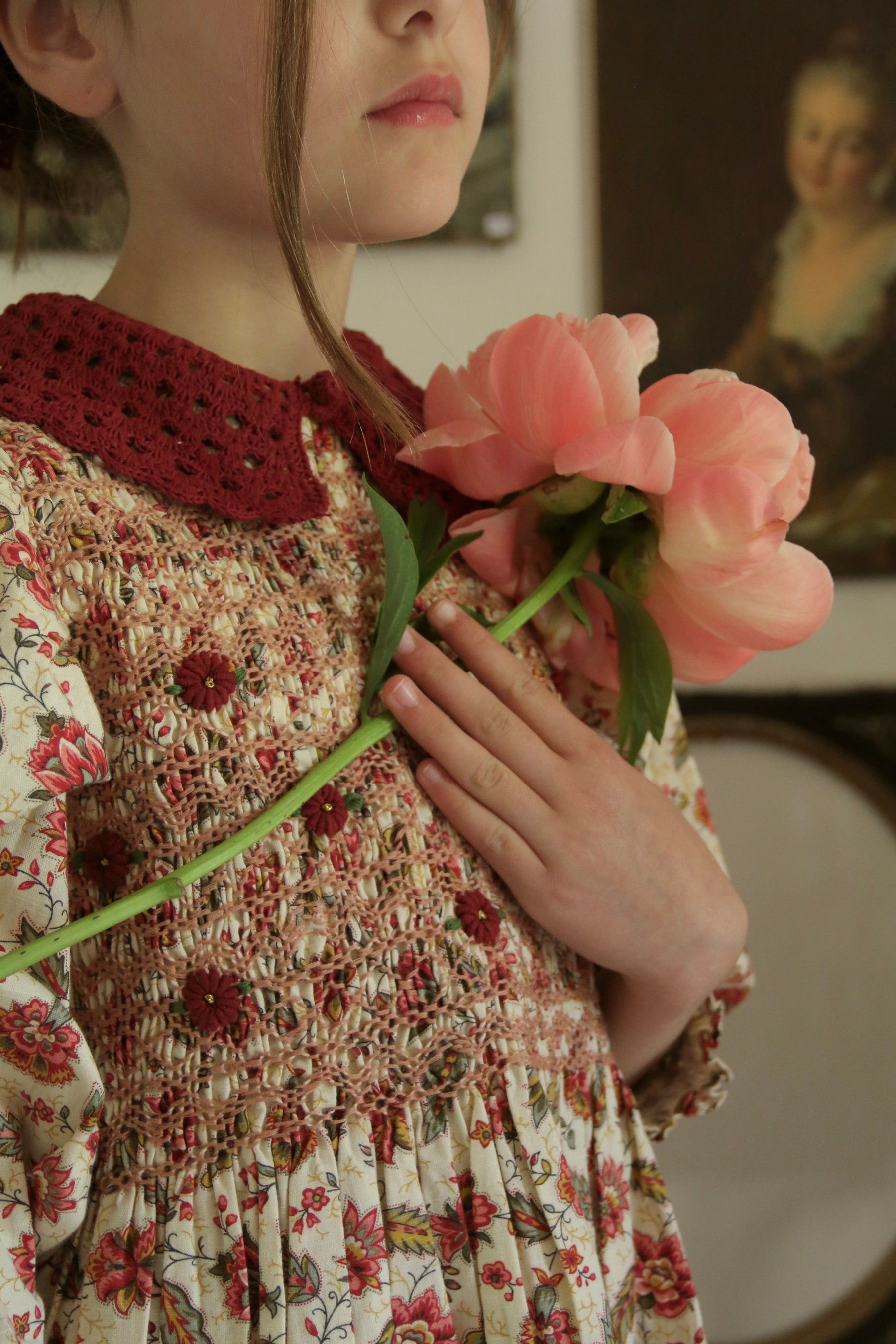 Handsmock blouse with crochet collar Aline print